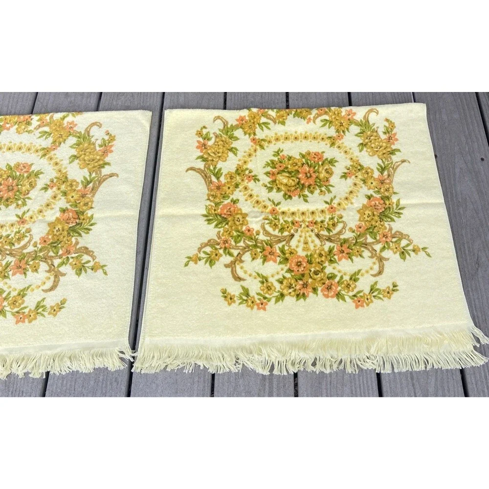 Vintage Tastemaker 100% Cotton Floral Fringe Bath Towels Set Yellow (2) Cottage